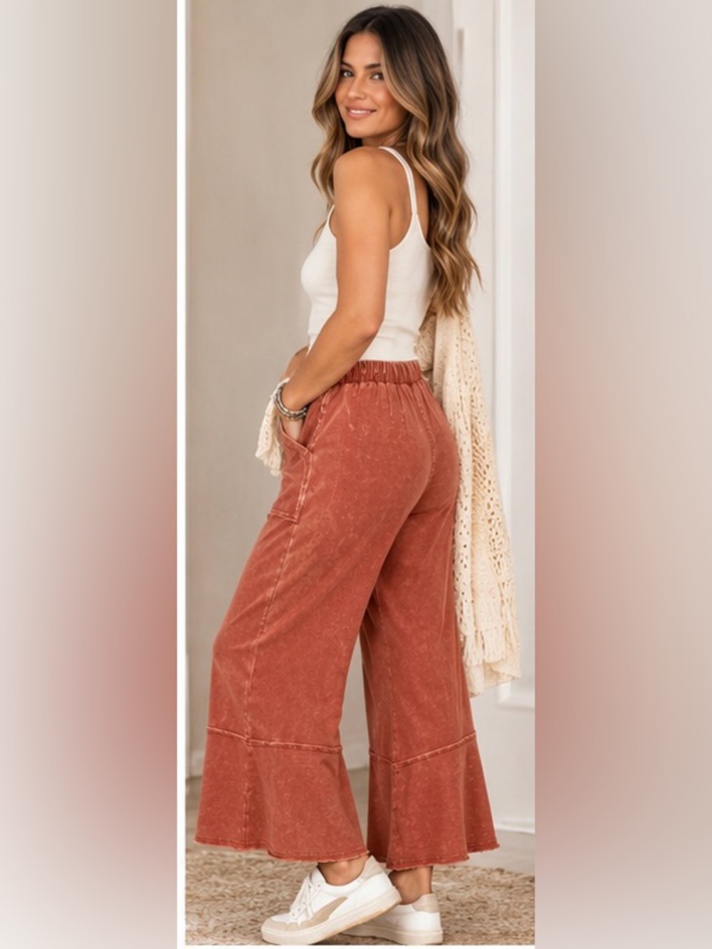 Zenana Rust Mineral Wash French Terry Cropped Wide Leg Flare Pants S NWOT